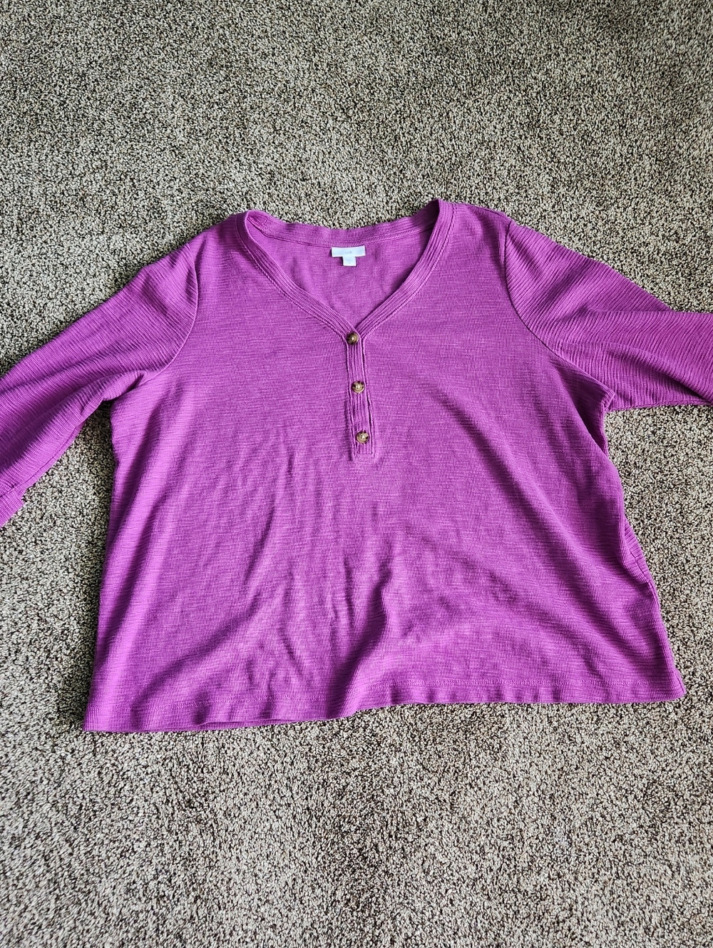 J Jill Henley Top Womens Size 2X Purple Waffle Knit 100% Cotton Rolled Cuff Cute